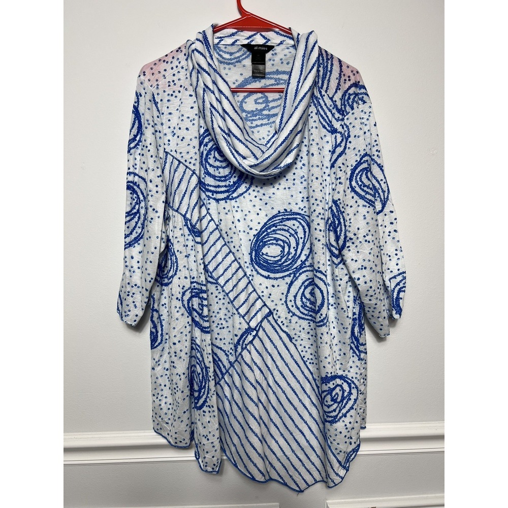 Ali Miles Blouse Woman's 2X Tunic Top Blue White Cowl Neck Abstract Coastal Art